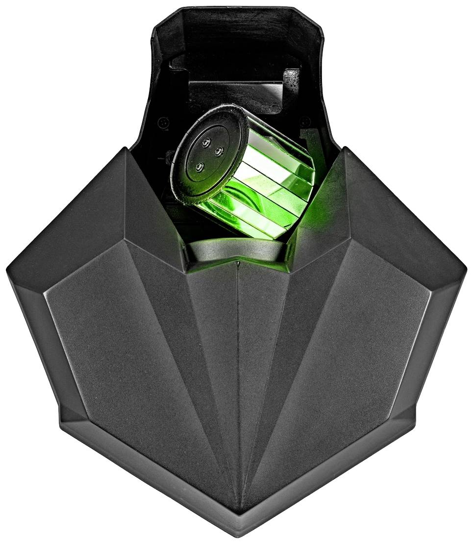 Een zwarte, geometrisch gevormde wandlamp met een groen verlichtende cilinder aan de binnenkant.