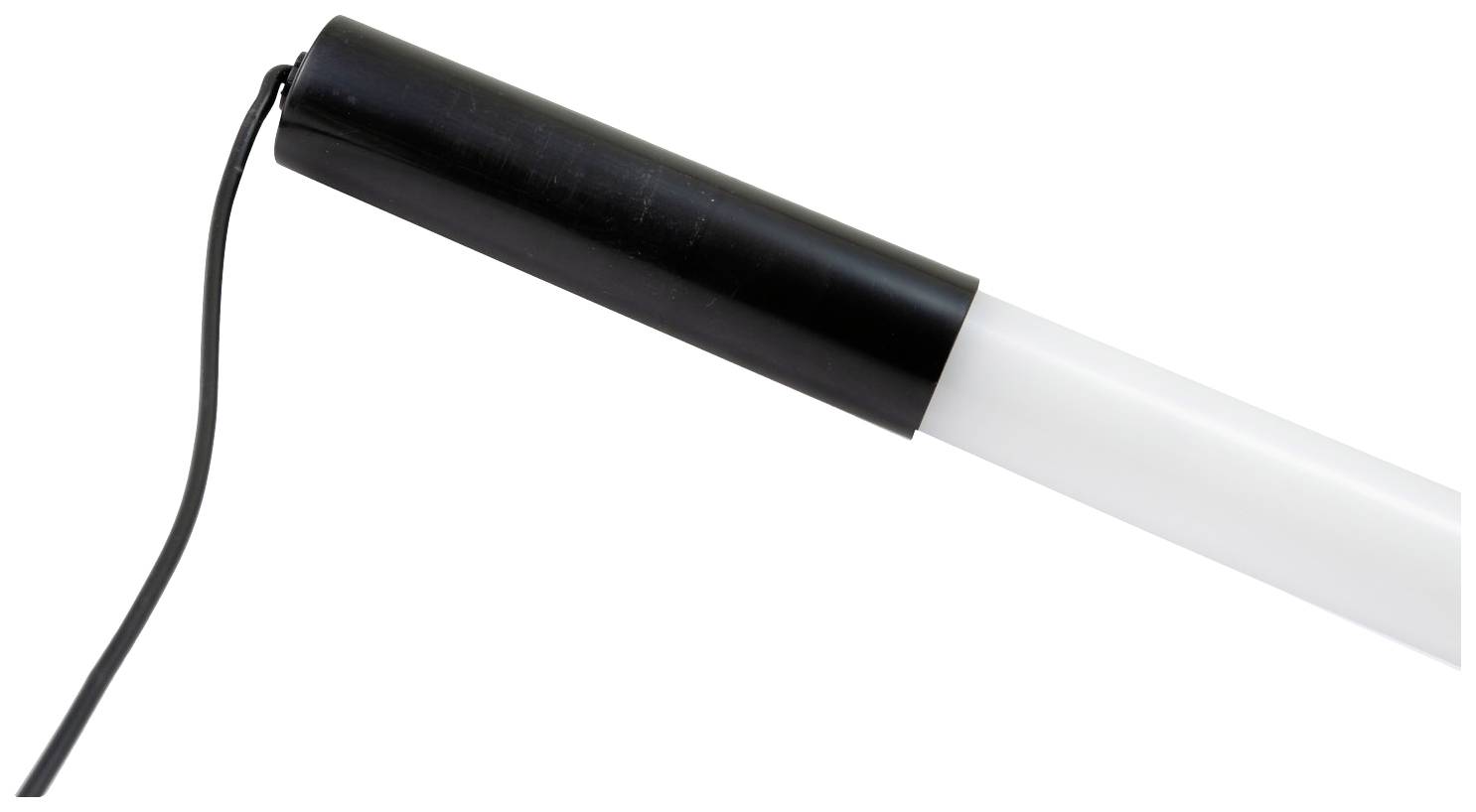 Het bovenste deel van een witte wandelstok met een zwarte handgreep en een lus die daaraan is bevestigd.