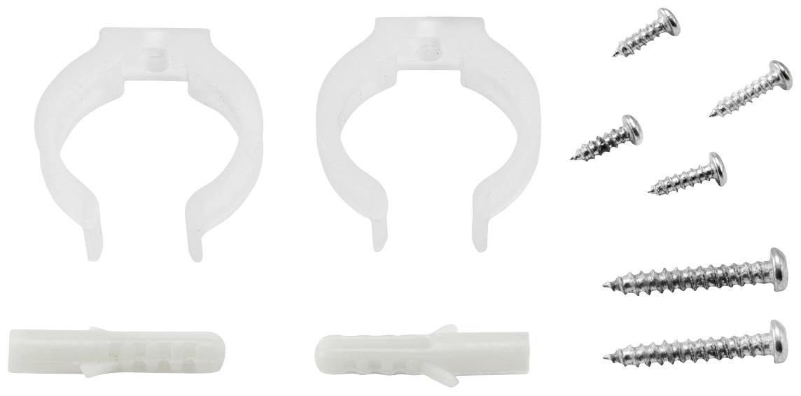 Twee witte kabelklemmen, elk met twee bijbehorende pluggen en schroeven.