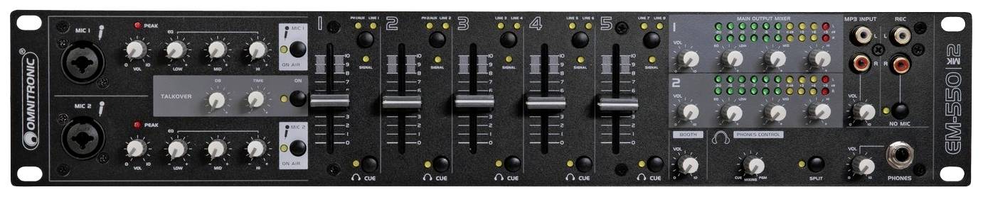 Een zwarte DJ-mixer met meerdere kanalen, draaiknoppen, schuifstangen en LED-displays.