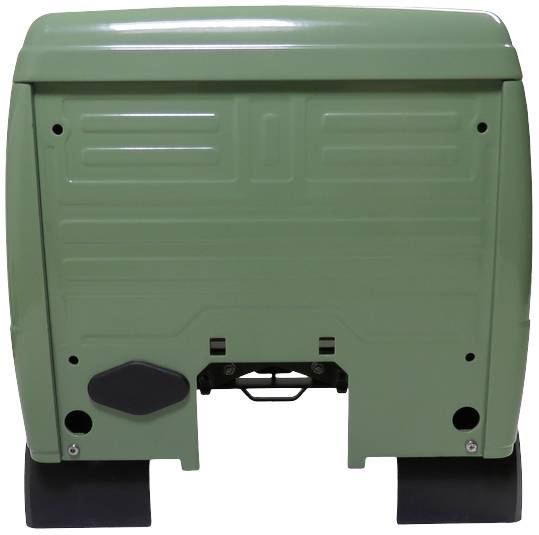 Achteraanzicht van een groen generatorbehuizing met afgeronde hoeken en ventilatiesleuven, geschikt voor gebruik in de buitenlucht.