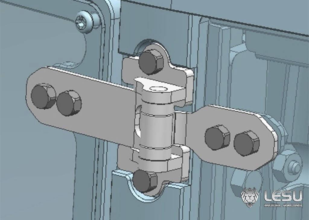 Een technische tekening van een scharnierende verbinding toont details van de mechaniek met schroeven en bouten.