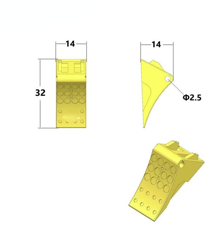 Technische tekening van een geel metalen onderdeel met gatpatronen; toont voor-, zij- en perspectiefaanzicht met afmetingen in millimeters.