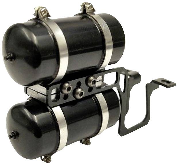 Twee zwarte cilinders gemonteerd op een houder, mogelijk onderdeel van een technisch systeem of machinebouwcomponent.