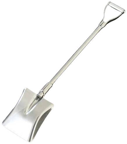 Een zilveren metalen schep met een plat blad en een D-handgreep, geschikt voor tuinwerkzaamheden.