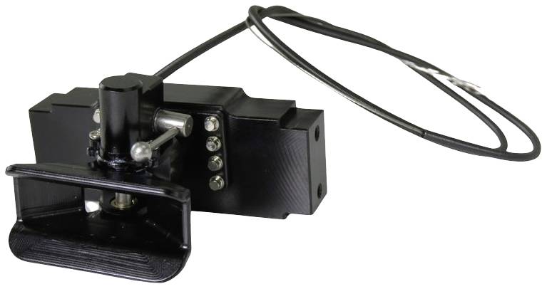 Een elektrische deuropener met kabel voor afstandsbediening. Zwarte behuizing met hefboommechanisme. Geschikt voor beveiligingssystemen.
