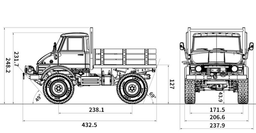 Constructietekening van een vrachtwagen van opzij en van voren. Afmetingen zijn vermeld: lengte 432,5 cm, hoogte 248,2 cm, breedte 206,6 cm.