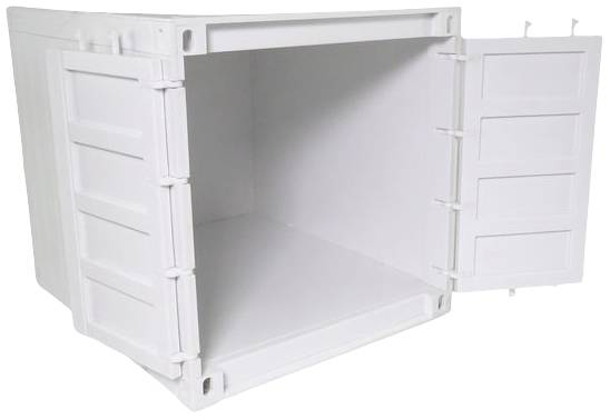 Een witte, open kunststof container met een deur aan de rechterkant. Geschikt voor opslag of transport van voorwerpen.