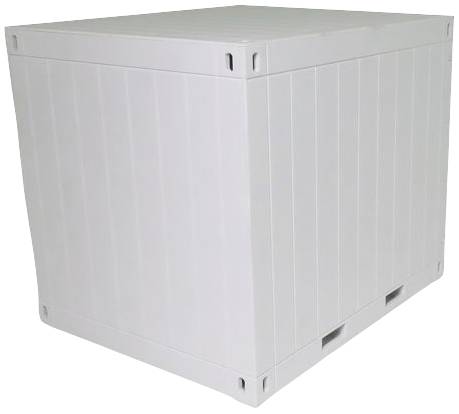 Een grote witte kubische kunststof container met groeven aan de zijkanten, geschikt voor opslag en transport van goederen.