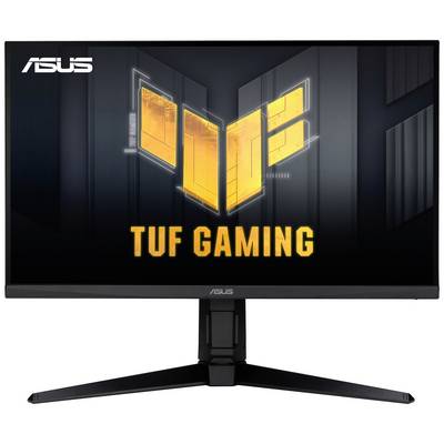 Een Asus TUF Gaming Monitor met een zwarte behuizing. Het display toont een geel-oranje logo en de tekst 'TUF GAMING'.