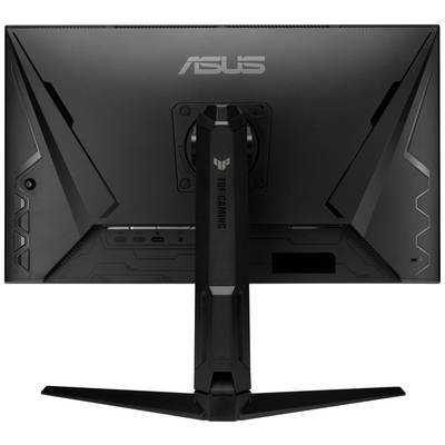 Achterzijde van een ASUS TUF Gaming-monitor, zwart, toont aansluitingsmogelijkheden en standaard-ontwerp.