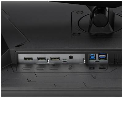 Een monitor met aansluitingen: HDMI, DisplayPort, USB, Audio. Zichtbaar zijn drie USB-poorten, twee HDMI-poorten en een DisplayPort.