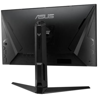 Een zwarte Asus-computermonitor van het model TUF Gaming is van achteren te zien, op een stabiel, geometrisch voetstuk.