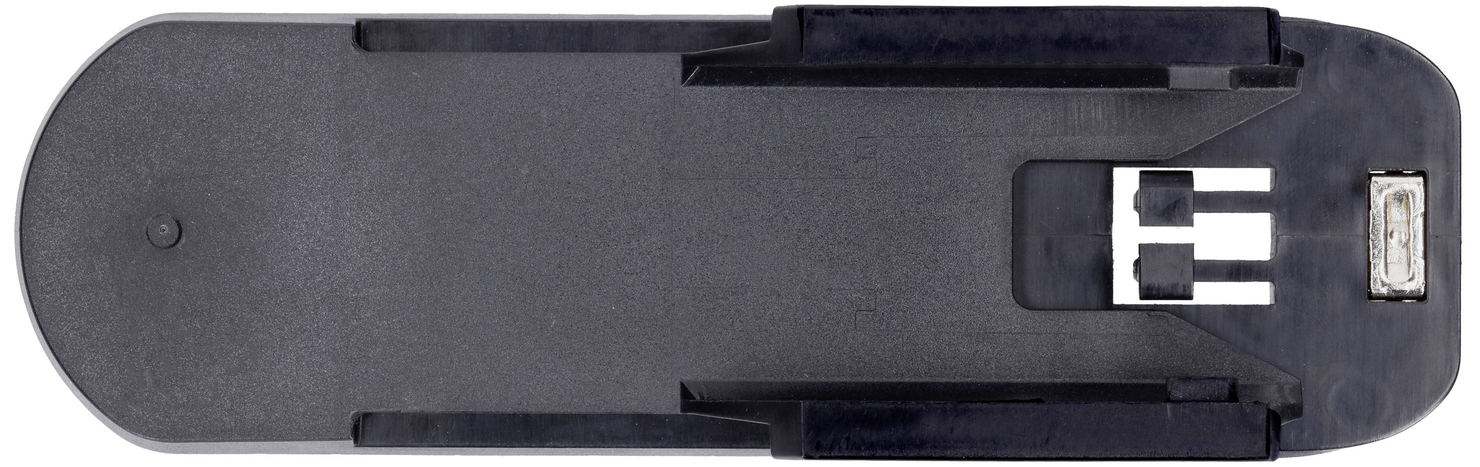 Zwart, ovaal kunststof onderdeel met vakken en een USB-poort aan de rechterkant. Het lijkt een oplader of adapter te zijn.