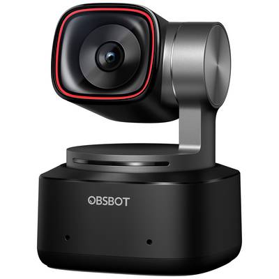 Een zwarte streaming-camera met een rood detail op de lens, gemonteerd op een draaibare voet, weergegeven in zijaanzicht.