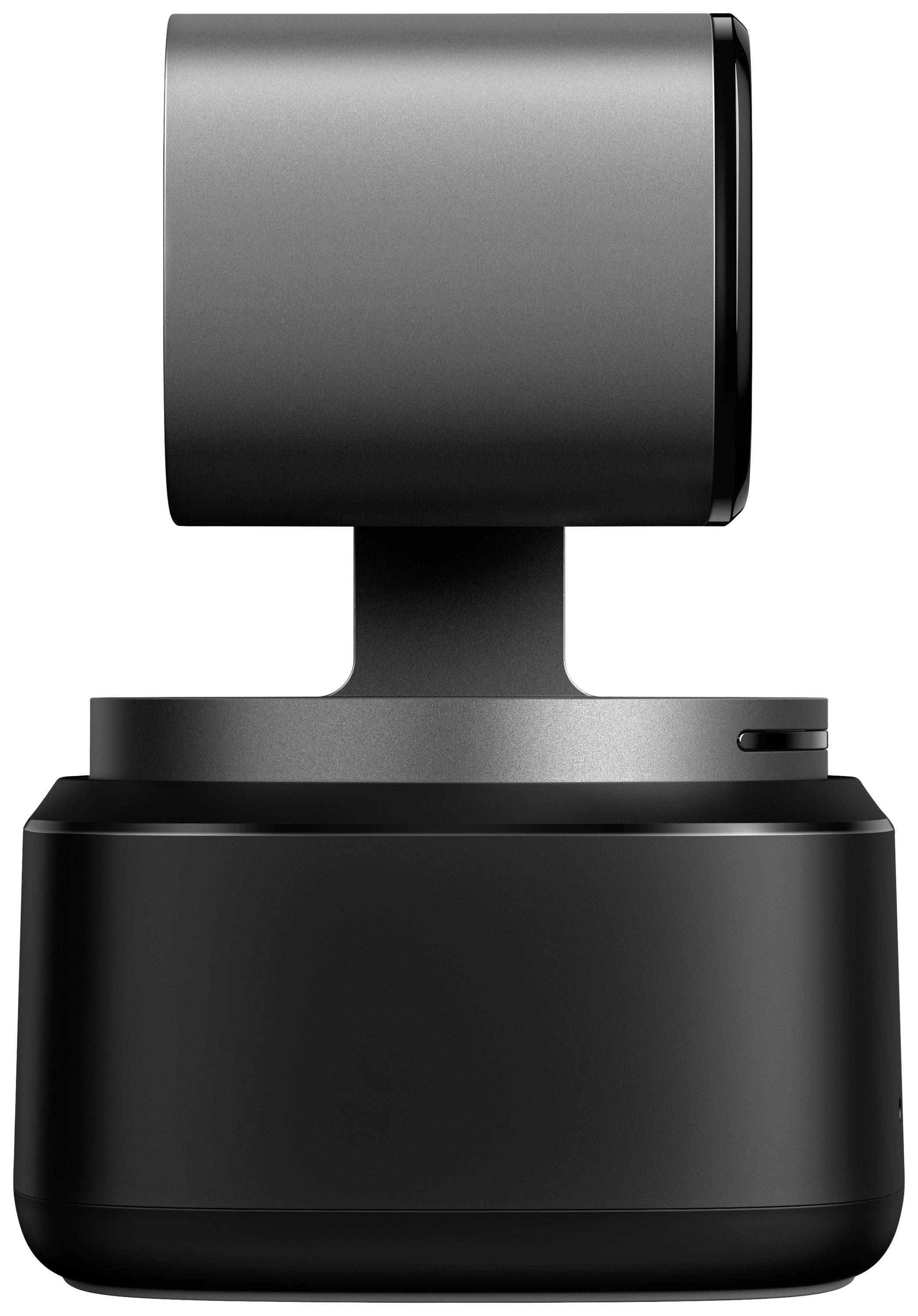 Een zwarte, moderne webcam met een draaibare kop, geschikt voor gebruik in videoconferenties.