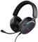 Een zwarte gaming-headset met microfoon en blauwe LED-verlichting op de oorschelpen, geschikt voor computerspellen.