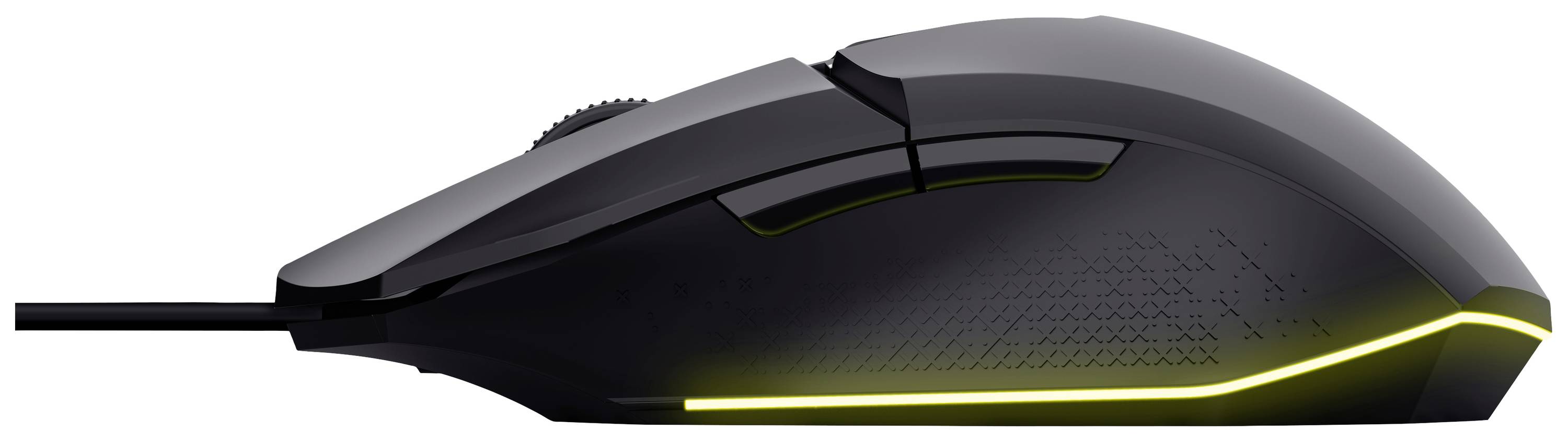 Zijaanzicht van een moderne zwarte computermuis met gele verlichte accenten en kabel.