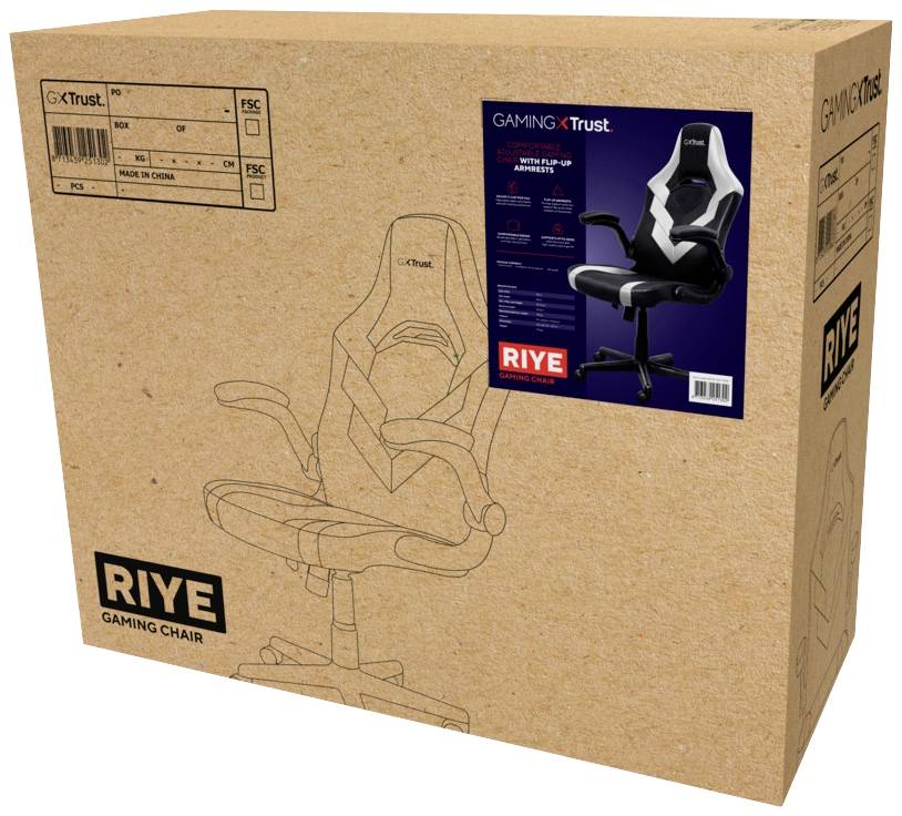Kartonnen verpakking van een gamingstoel met een afbeelding van de stoel op de voorkant. Merk 'RIYE'. Stoel in zwart-wit design.