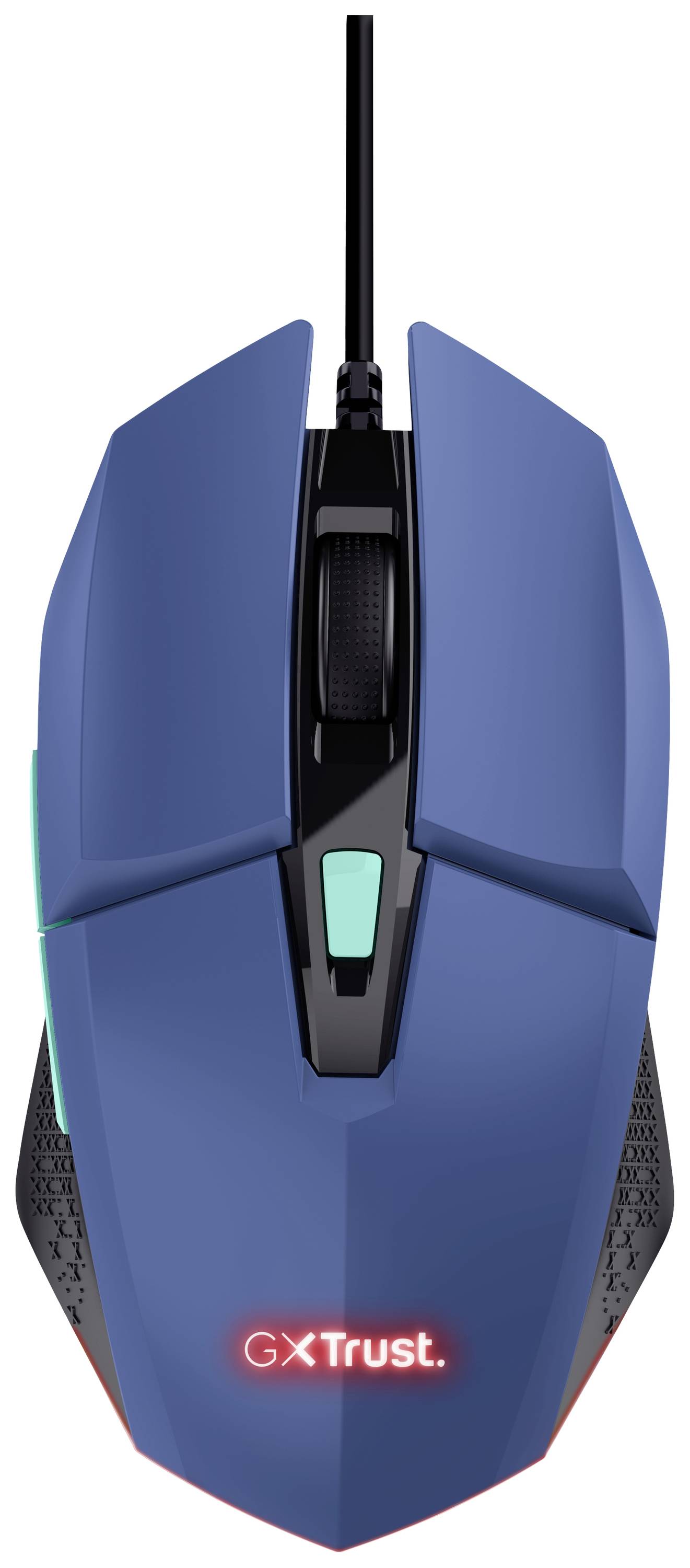 Blauwe bekabelde gaming-muis met verlicht muiswiel en logo. Ergonomisch ontwerp voor nauwkeurige besturing bij computerspellen.