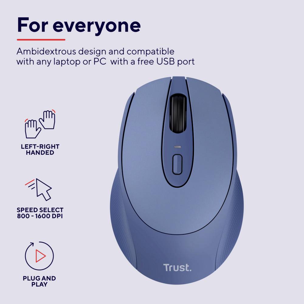 Blauwe draadloze muis met scrollwiel en DPI-instelling. Geschikt voor links- en rechtshandigen, compatibel met laptop of pc.