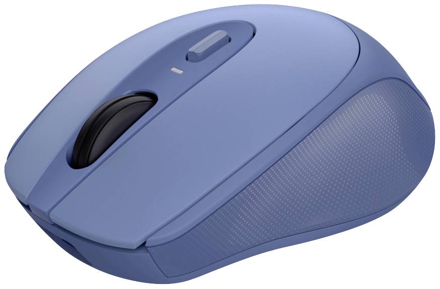 Draadloze blauwe computermuis met scrollwiel en ergonomisch ontwerp, geschikt voor comfortabel gebruik bij de computer.