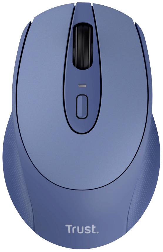 Blauwe draadloze computermuis gezien van bovenaf, met scrollwiel en één knop. Gemarkeerd met 'Trust'.