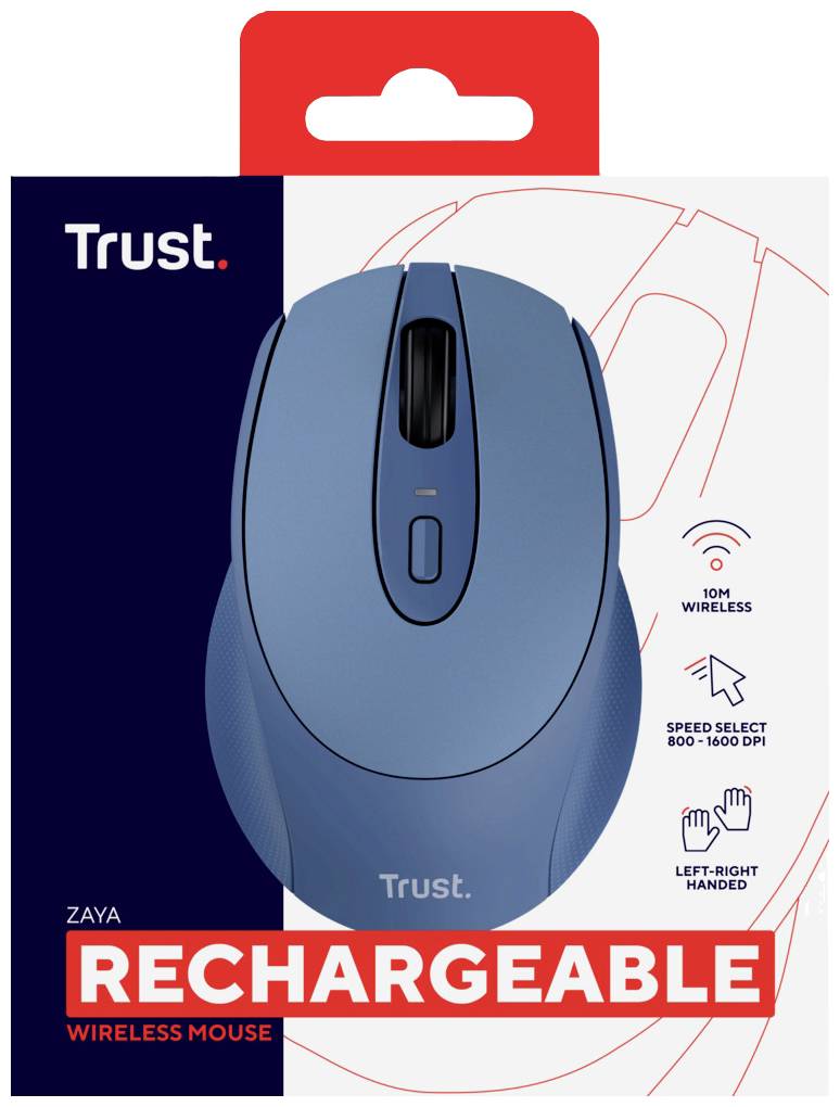 Draadloze, oplaadbare muis van Trust in blauw met 10m bereik. Instelbaar van 800 tot 1600 DPI. Geschikt voor links- en rechtshandigen. Verpakking toont productafbeelding en functies.