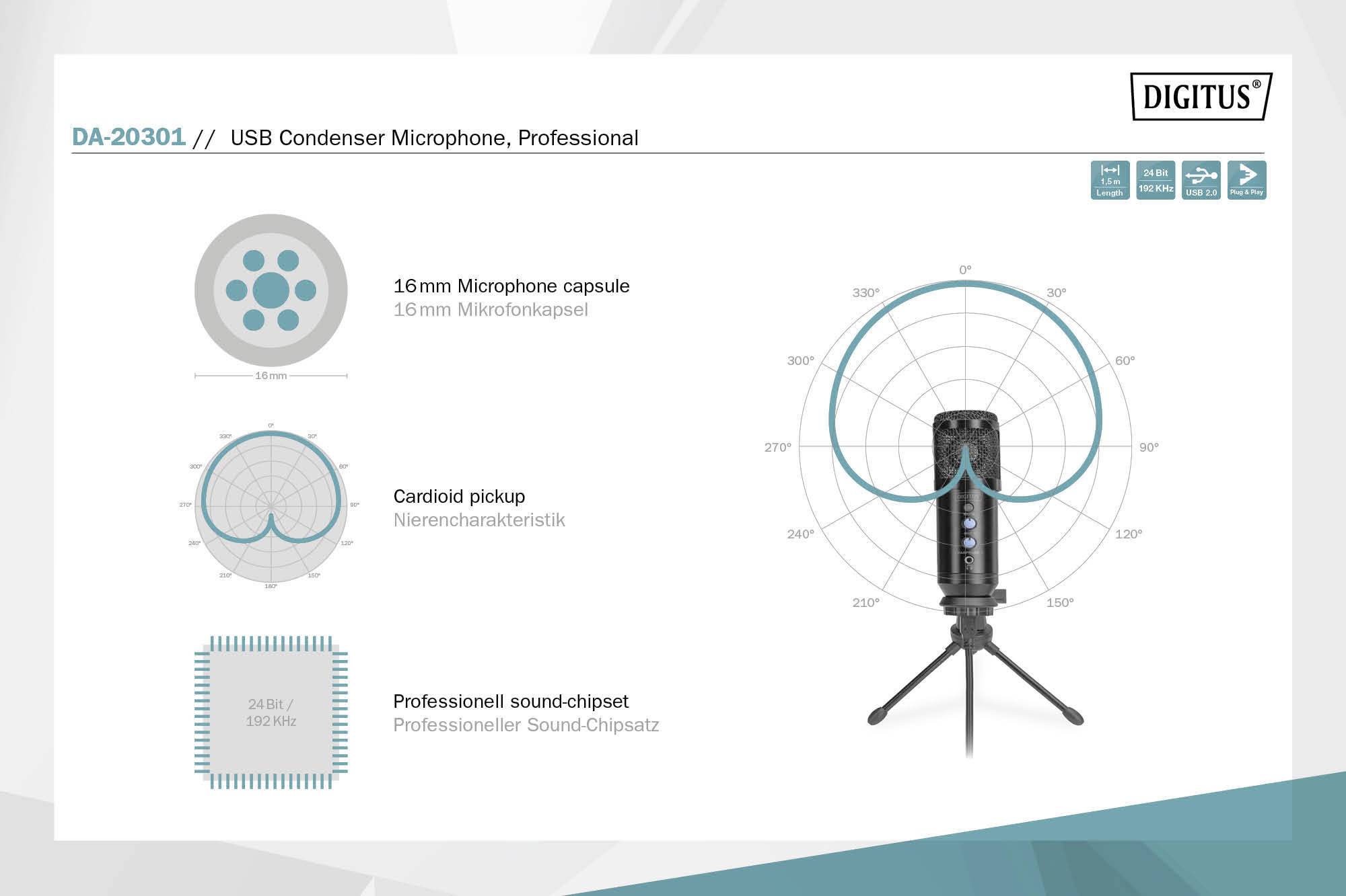 USB-condensatormicrofoon met 16 mm capsule en nierkarakteristiek. Bevat professionele audiotechniek voor hoogwaardige geluidsopnames.