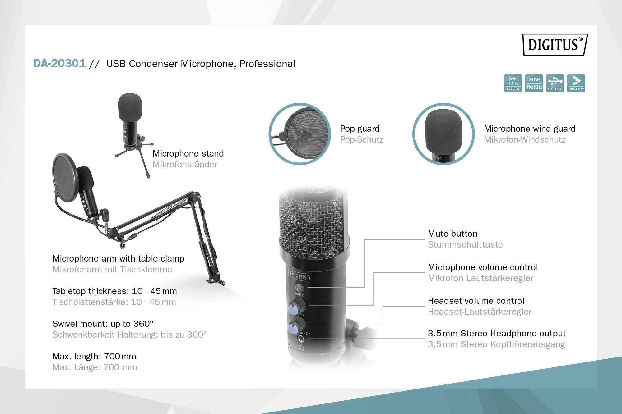 'Professionele USB-condensatormicrofoon met microfoonarm, standaard, popfilter en windscherm. Details van knoppen, volumeregeling en hoofdtelefoonaansluiting worden getoond.'