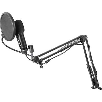 Een zwarte studiomicrofoonstandaard met een microfoon en popfilter, bevestigd aan een verstelbare arm voor geluidsopname.