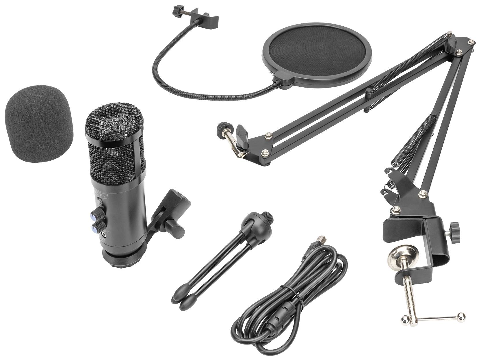 Microfonenset met standaard, popfilter, houder en kabel. Geschikt voor podcast of opname.