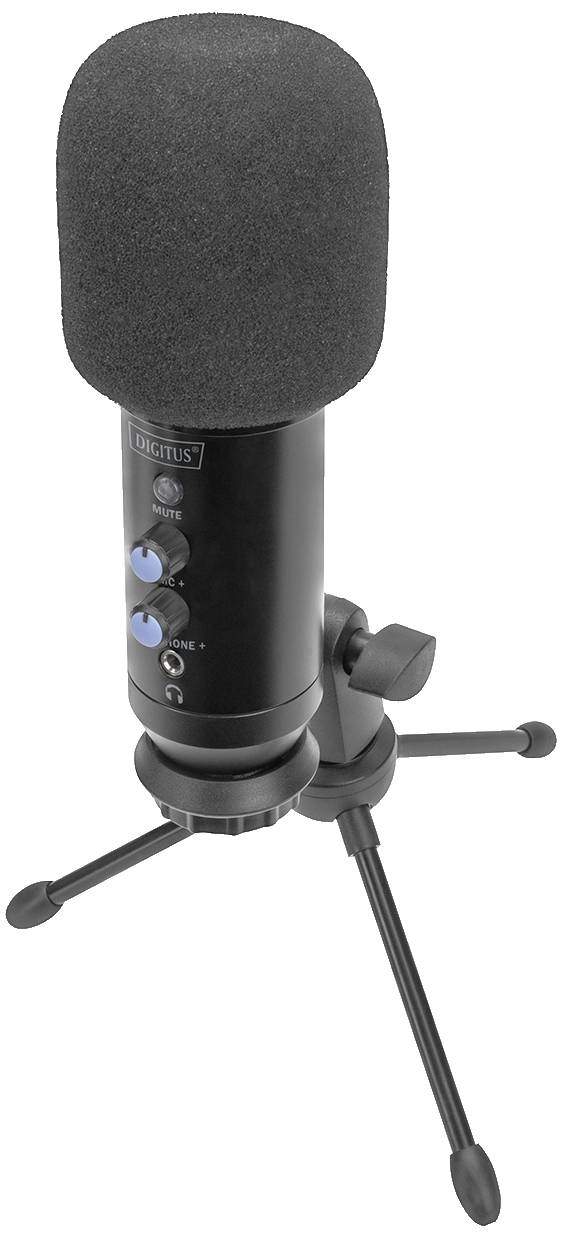 Een zwart tafelmicrofoon met een schuimrubberen overtrek op een driepootstatief.