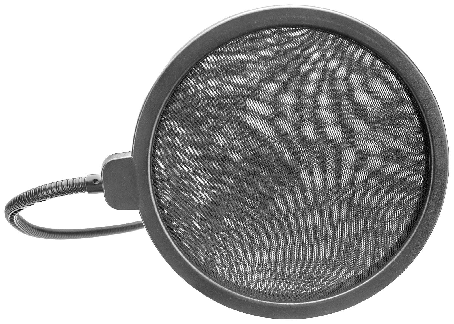 Een ronde popfilter voor een microfoon met een flexibele zwanenhals. De filter bestaat uit een fijn gaas dat geluidsgolven dempt.