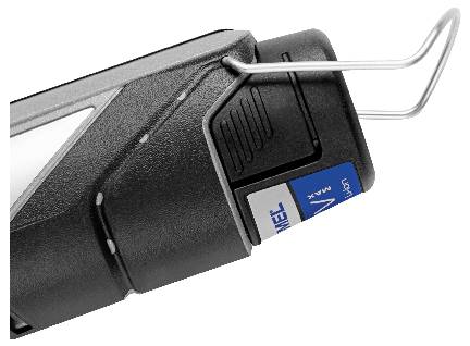 Elektrisch apparaat met metalen haak en zijaanzicht van een blauw label. De bijbehorende controlelabels en knoppen benadrukken de functionaliteit.