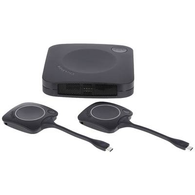 Een draadloos presentatiesysteem met een basisapparaat en twee draadloze weergave-adapters voor eenvoudige schermverbinding.