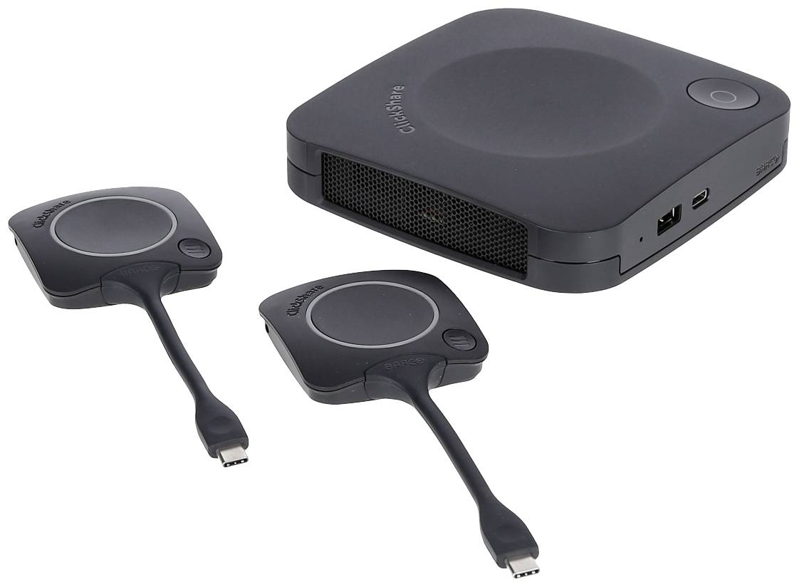 Een draadloos presentatiesysteem met een basisstation en twee USB-C-activeringstoetsen voor eenvoudige aansluiting op schermen.