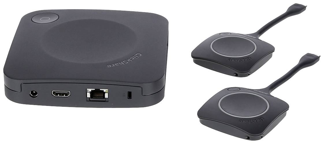 Een zwart draadloos presentatiesysteem met een basisstation en twee bijpassende USB-zenders die HDMI- en netwerkverbindingen bieden.