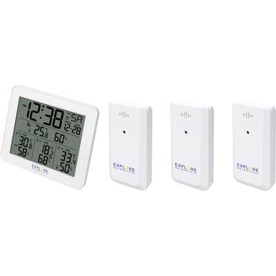 Een digitaal weerstation met klok, datum en drie externe sensoren voor het meten van binnen- en buitentemperatuur alsmede luchtvochtigheid.