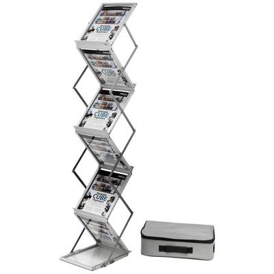 Een opvouwbare metalen tijdschriftenstandaard met meerdere niveaus vol magazines, naast een grijze draagtas. Ideaal voor beurzen.