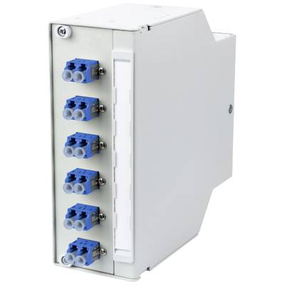 Een rechthoekig, wit elektronisch apparaat met zes blauwe aansluitingen aan de voorkant, gemonteerd in een metalen behuizing.