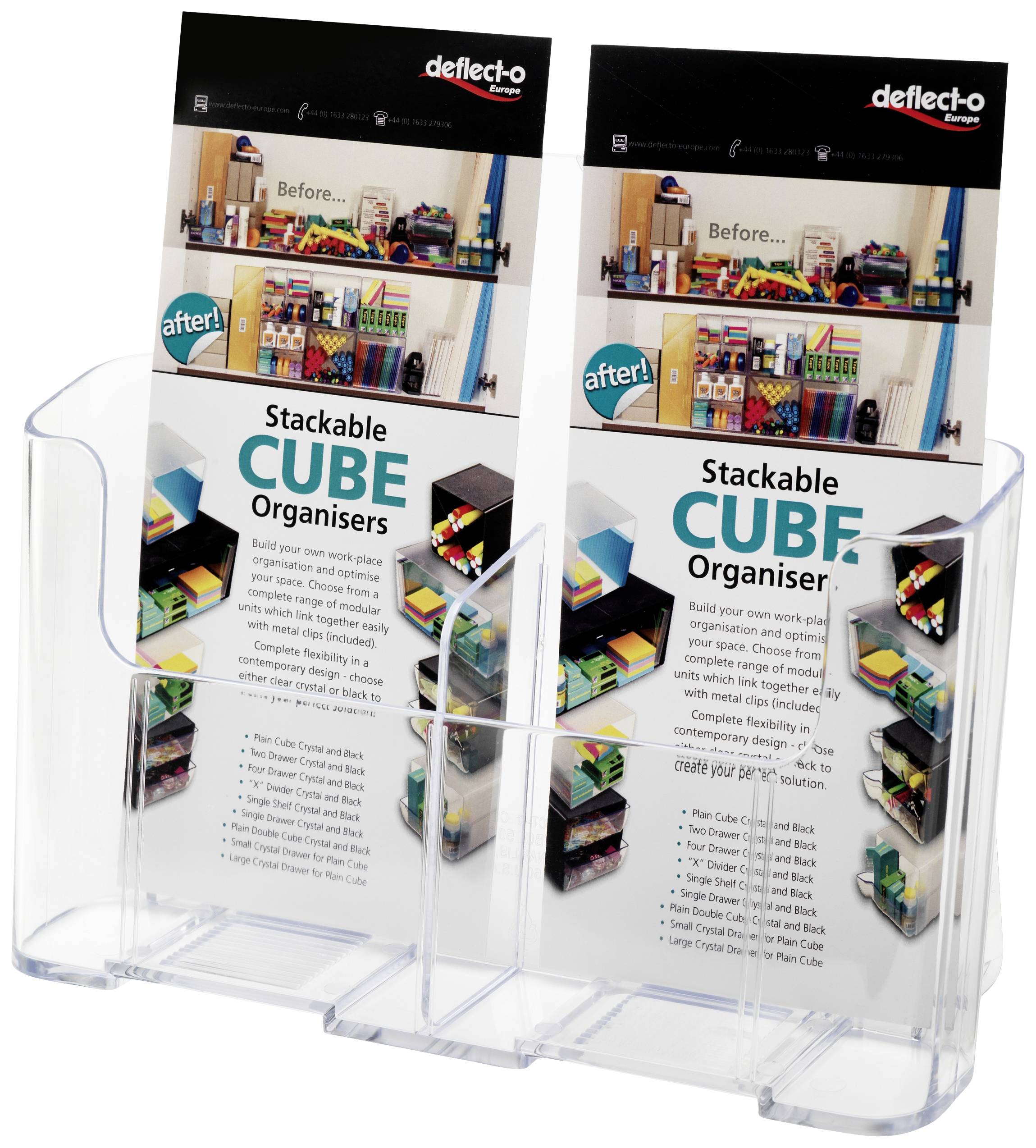 Twee brochurehouders met brochures over 'Stackable CUBE Organisers'. Bovenaan foto's van bureaus voor en na het gebruik van organisers.