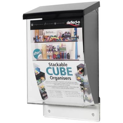 Kartonnen doos met afbeelding van 'Stackable CUBE Organisers'. Toont voor- en na-foto's van georganiseerde kantoorbenodigdheden.