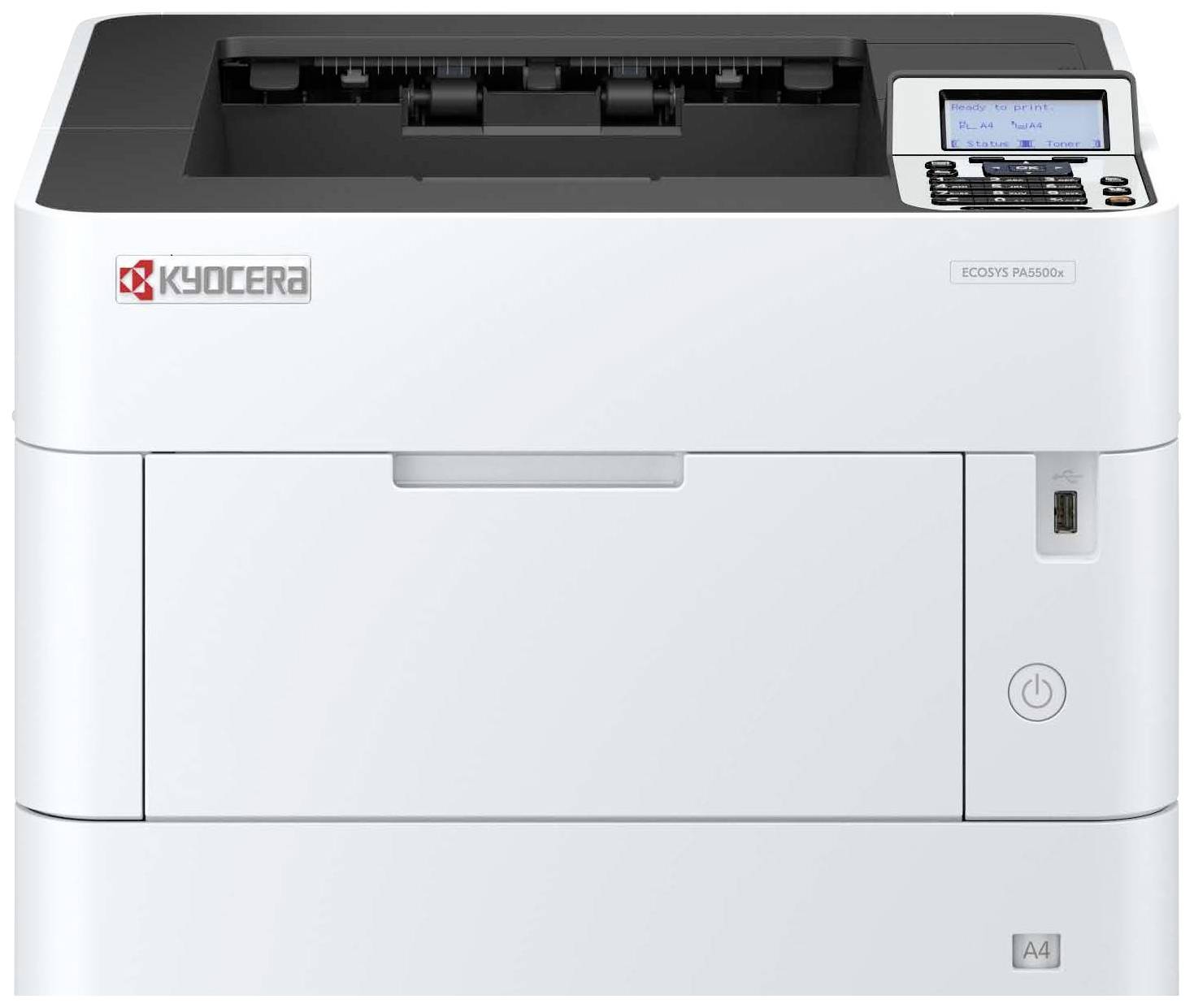Een witte Kyocera-printer, model ECOSYS P2235DN, met bedieningselementen en display rechtsboven. Ideaal voor kantooromgevingen.