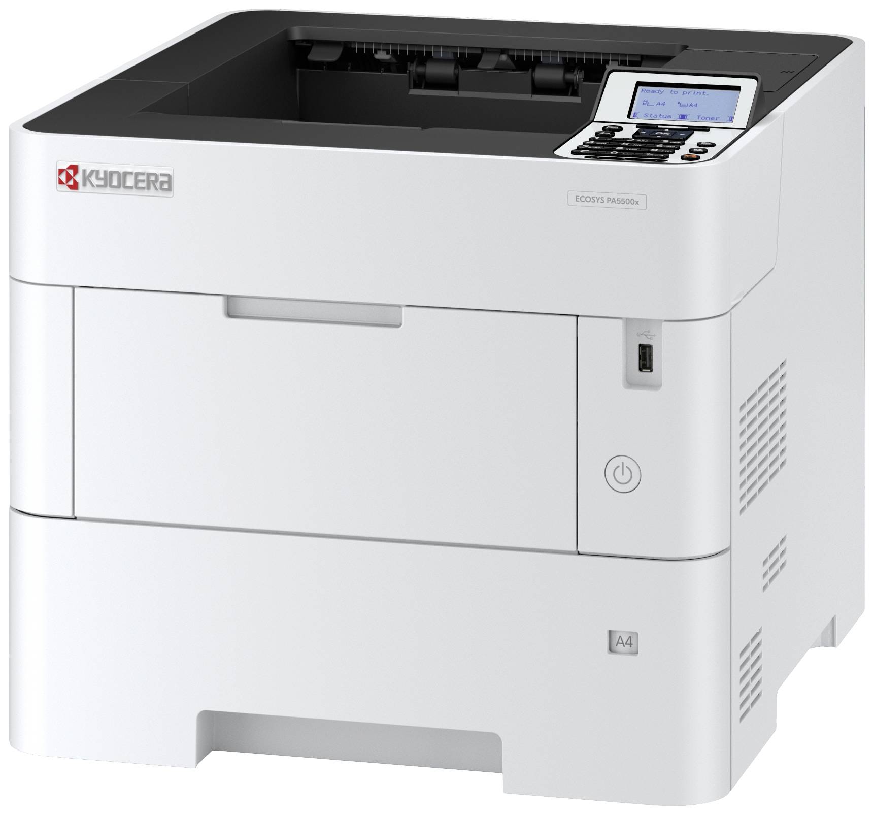 Een witte Kyocera-printer met een display en toetsenveld in de rechterbovenhoek. Modelnummer ECOSYS P2040dn.