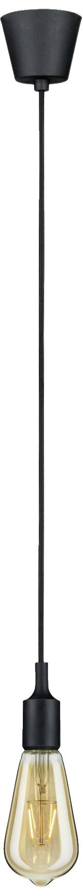 Hanglamp met zwart snoer en vat-vormige, transparant-gele lampenkap, geschikt voor moderne binnenhuisinrichting.