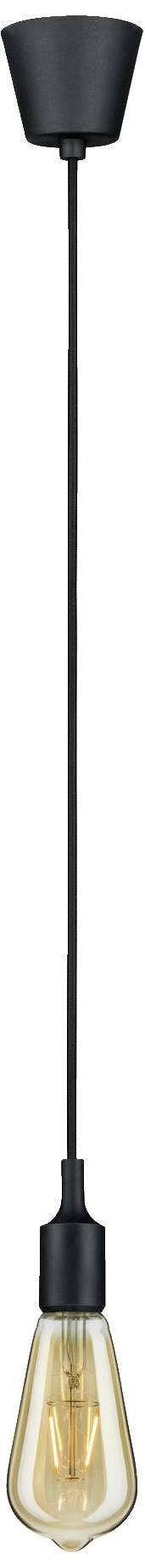 Een zwarte industriële hanglamp met een zichtbare gloeidraad en een glazen lampenkap.