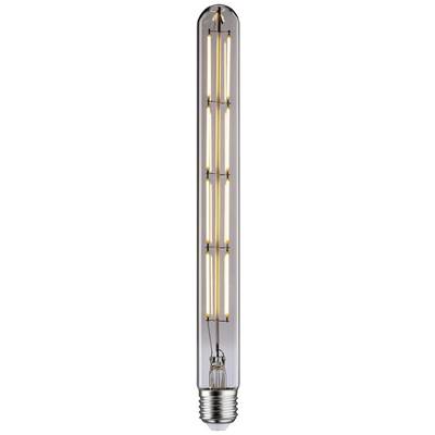 Een lange, cilindrische gloeilamp met zichtbare, verticale gloeidraden binnenin een heldere glazen bol.