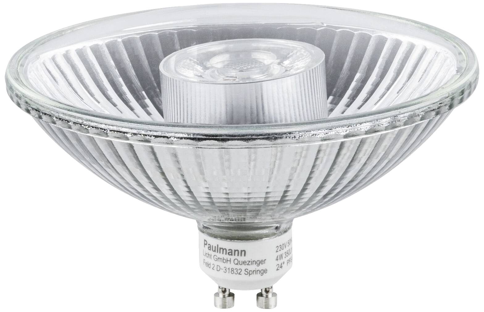 Halogeenreflectorlamp met GU10-fitting, transparant glas, gestructureerd oppervlak, geschikt voor spotverlichting.