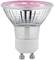 Een LED-lamp met GU10-fitting, transparante glazen kap en een roze lichtoppervlak. Geschikt voor spotverlichting.